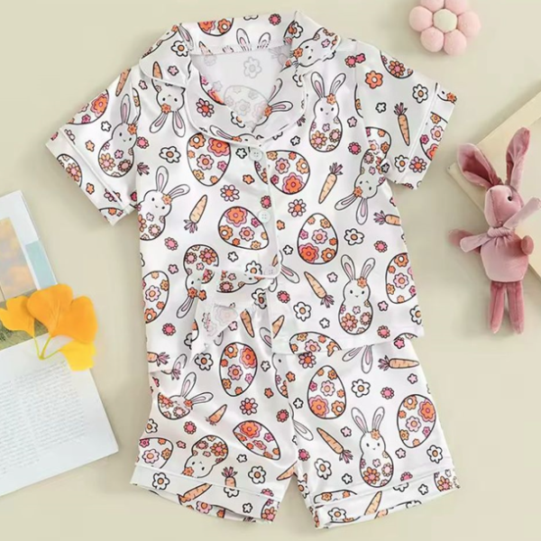 All-over Print Kid and Youth Satin Short-Sleeve Pajamas Set (No Pocket)