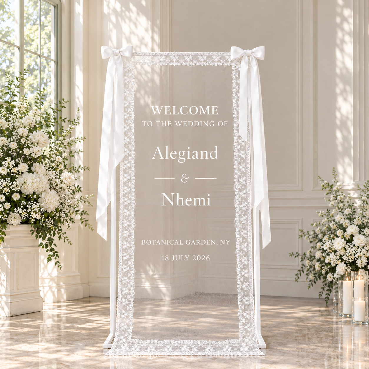Custom Lace Wedding Welcome Sign with Ribbon