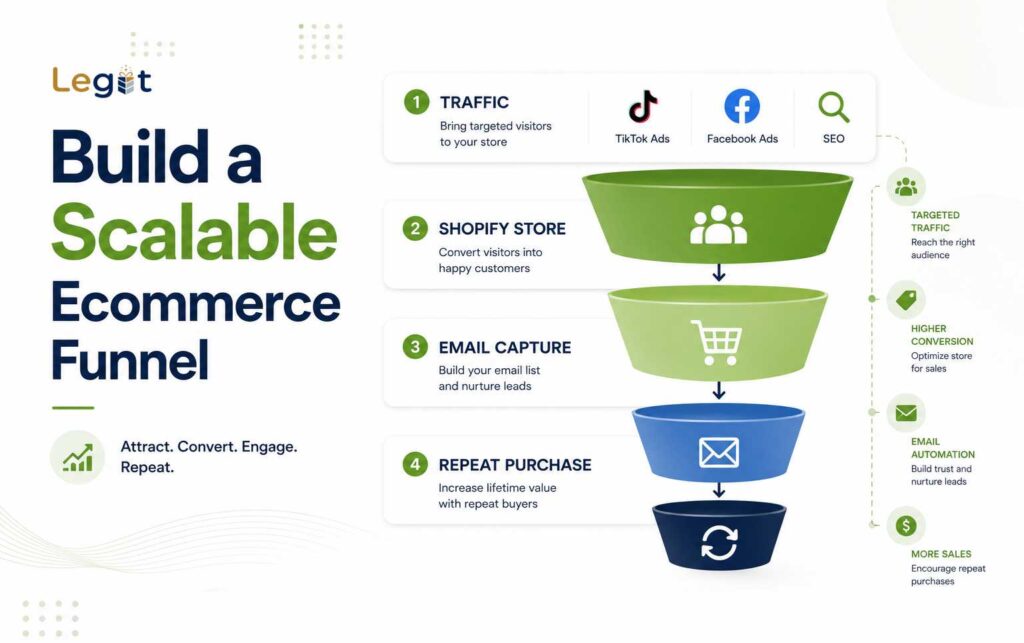 phễu marketing cho bán sản phẩm custom trên Shopify gồm SEO TikTok Ads Facebook Ads Email