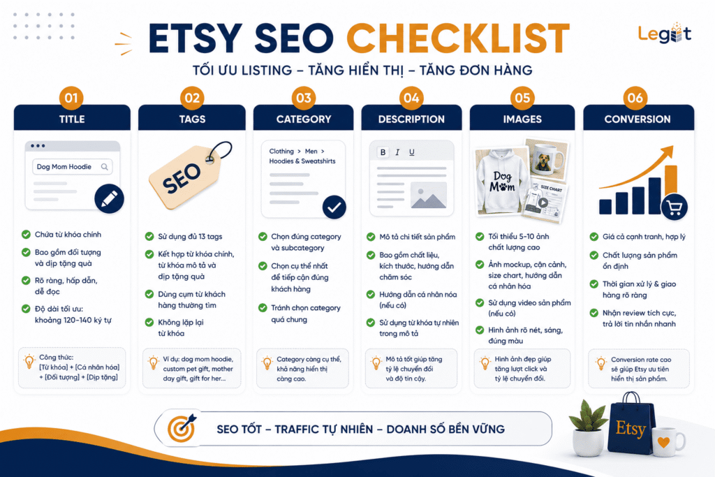 Checklist tối ưu SEO khi bán print on demand trên Etsy