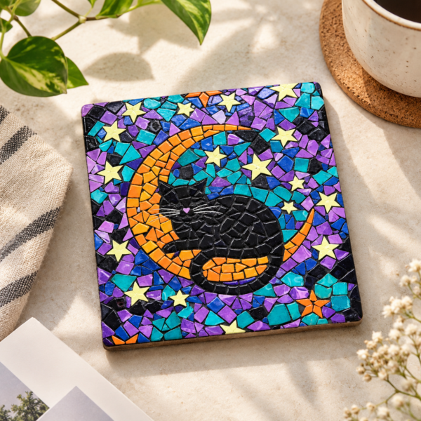 Ceramic coaster with a raised faux-mosaic pattern